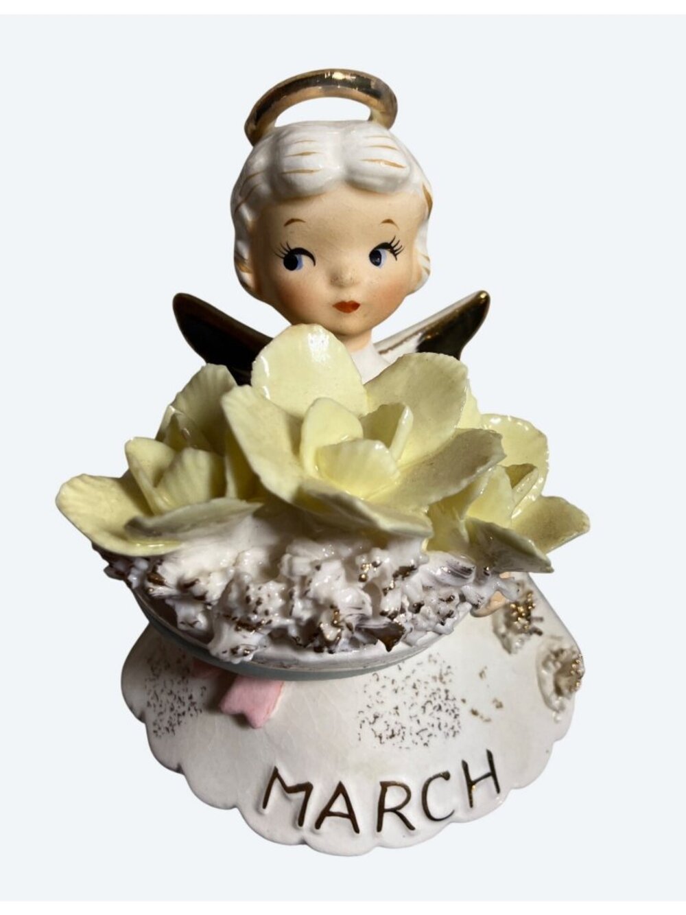 Lefton March Angel Figurine Yellow Flower Accents Aquamarine Birthstone Vintage